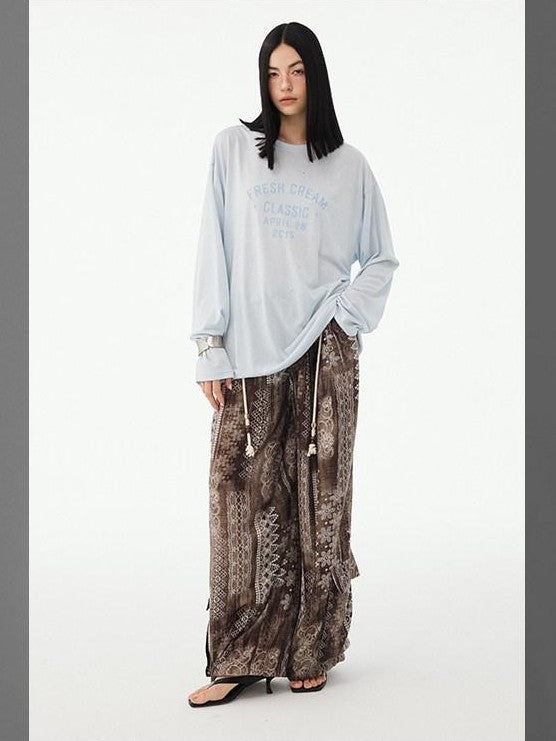 DIDDI MODA Textured Sheer Vintage Distressed Slogan Print Women&