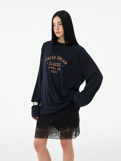 DIDDI MODA Textured Sheer Vintage Distressed Slogan Print Women&