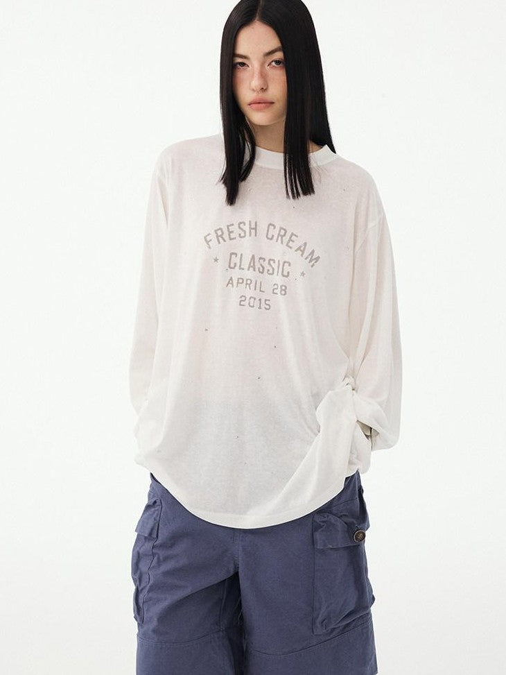 DIDDI MODA Textured Sheer Vintage Distressed Slogan Print Women&