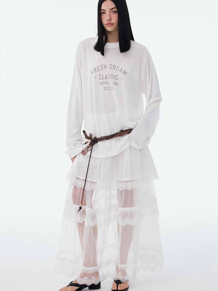DIDDI MODA Textured Sheer Vintage Distressed Slogan Print Women&