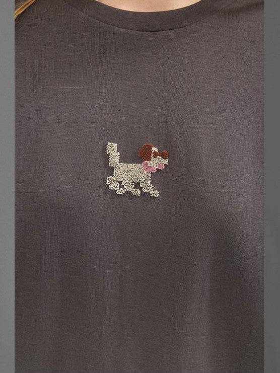 DIDDI MODA Toothbrush Dog Embroidery Loose Fit Cartoon Women&