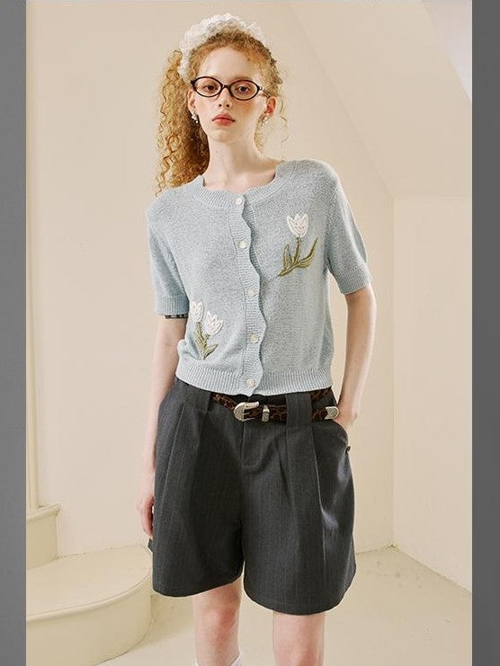 DIDDI MODA Tulip Embroidered Short Sleeve Knit Women&