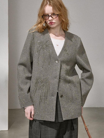 DIDDI MODA V-neck Beaded Embroidery Firework Single Breasted Women&