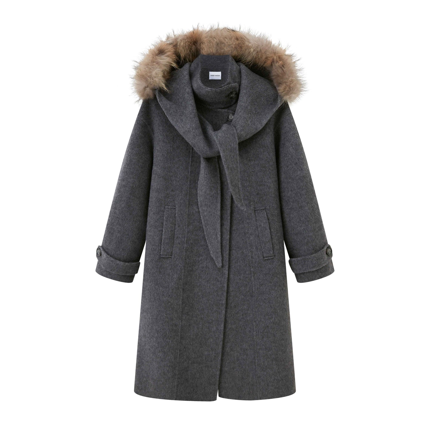 DIDDI_MODA_Vintage_Detachable_Fur_Collar_Hooded_Double_Faced_Mid_Length_Women&