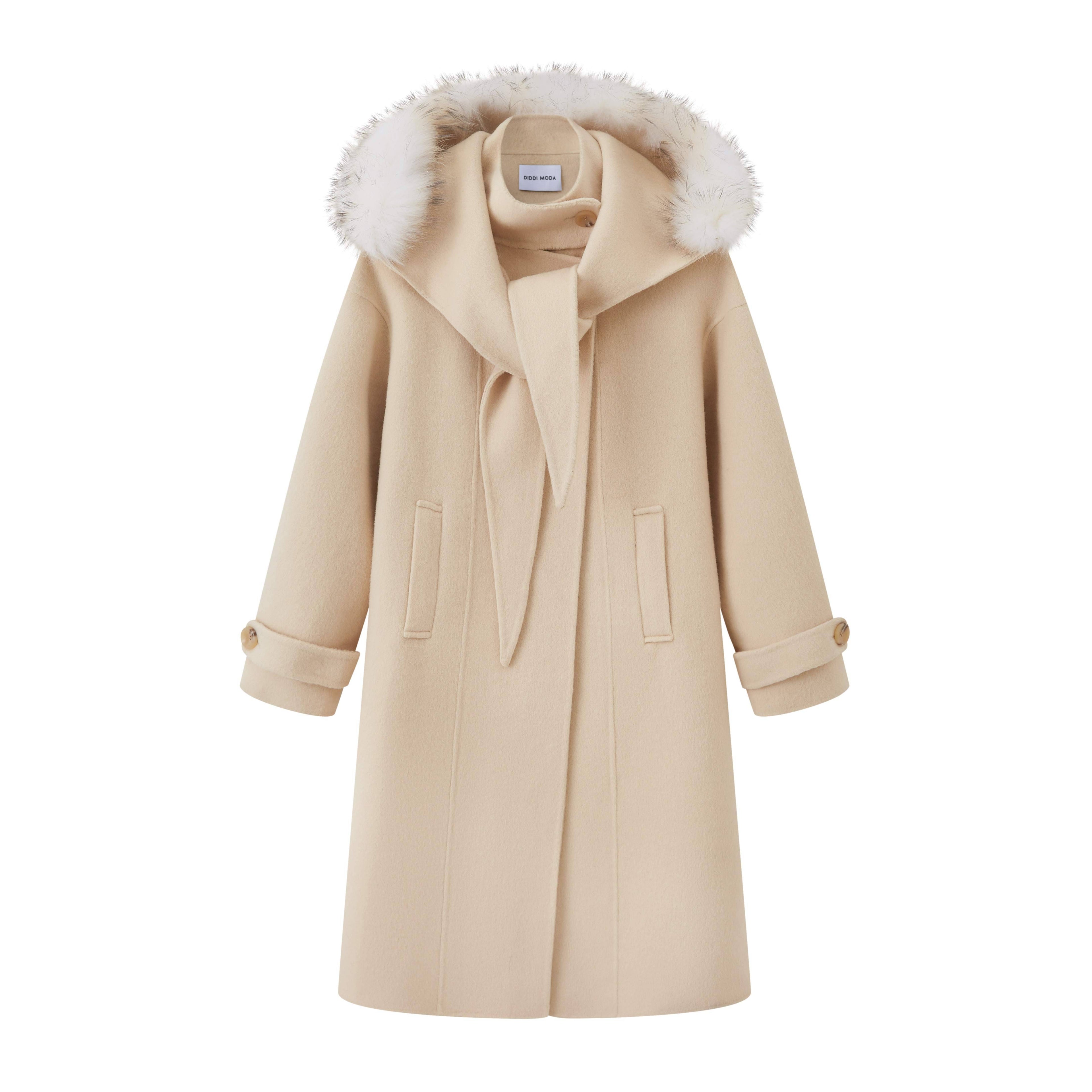DIDDI_MODA_Vintage_Detachable_Fur_Collar_Hooded_Double_Faced_Mid_Length_Women&