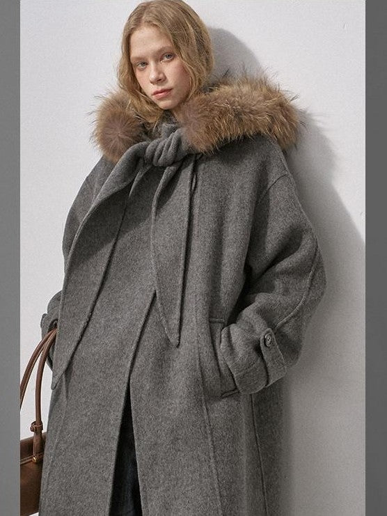 DIDDI MODA Vintage Detachable Fur Collar Hooded Double Faced Mid Length Women&