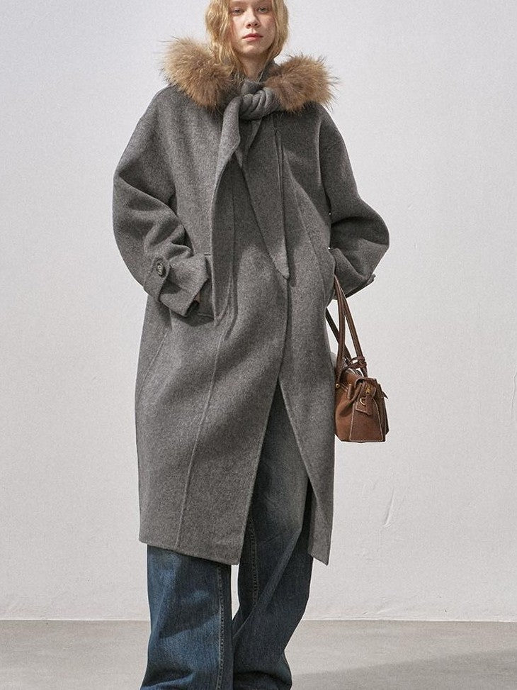 DIDDI MODA Vintage Detachable Fur Collar Hooded Double Faced Mid Length Women&