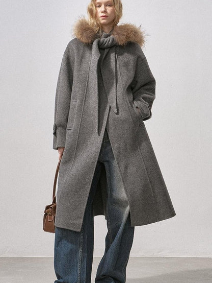 DIDDI MODA Vintage Detachable Fur Collar Hooded Double Faced Mid Length Women&