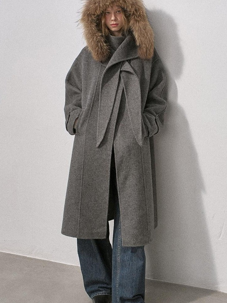 DIDDI MODA Vintage Detachable Fur Collar Hooded Double Faced Mid Length Women&