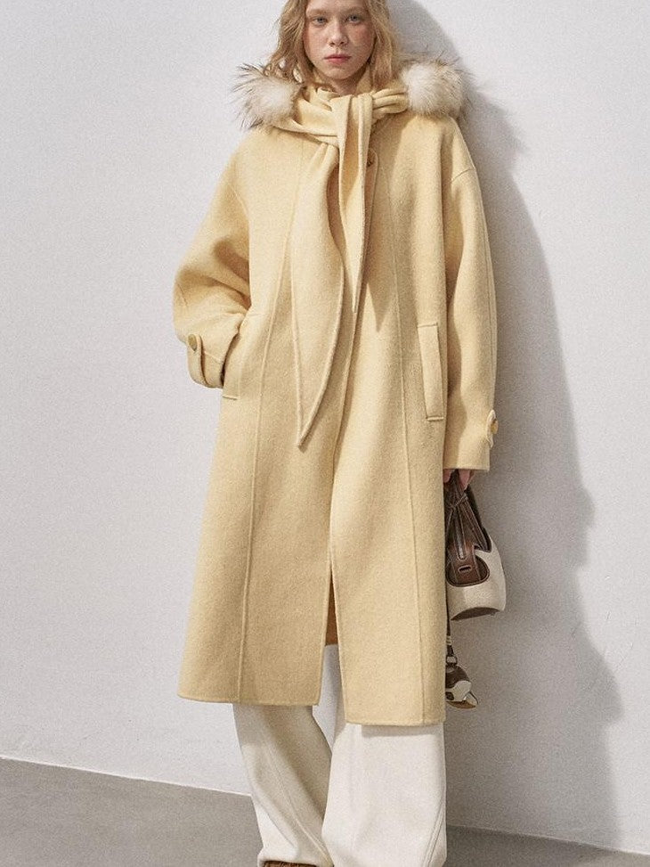 DIDDI MODA Vintage Detachable Fur Collar Hooded Double Faced Mid Length Women&