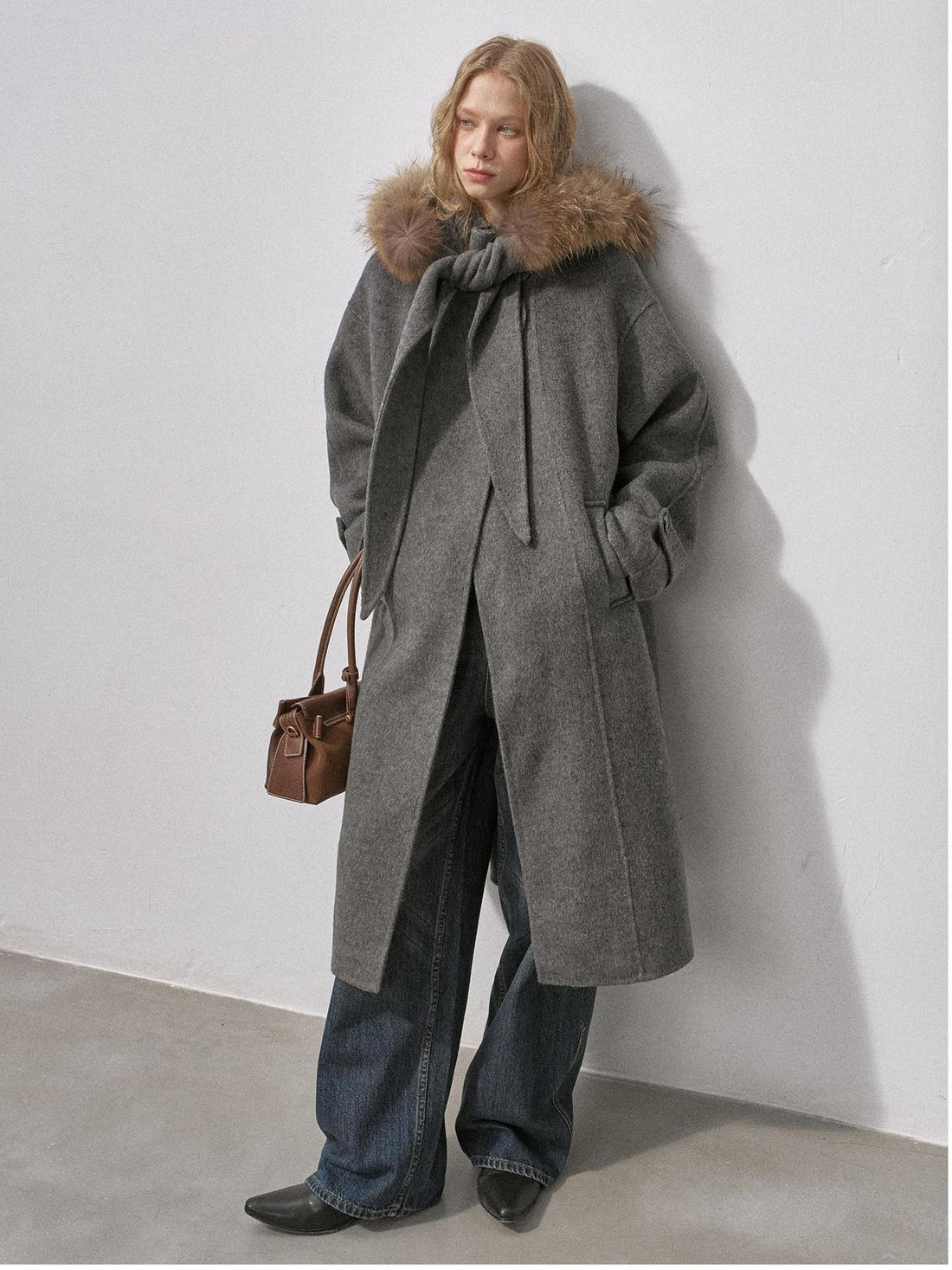 DIDDI MODA Vintage Detachable Fur Collar Hooded Double Faced Mid Length Women&