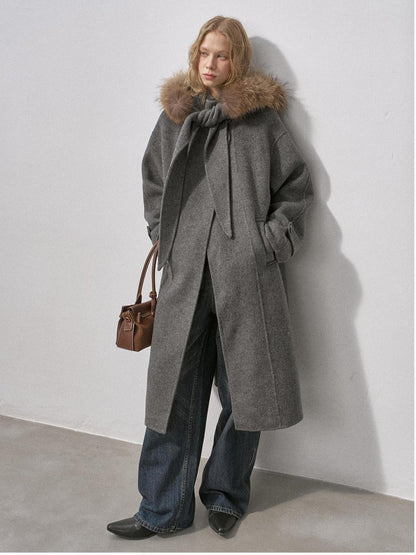 DIDDI MODA Vintage Detachable Fur Collar Hooded Double Faced Mid Length Women&