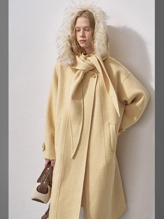 DIDDI MODA Vintage Detachable Fur Collar Hooded Double Faced Mid Length Women&