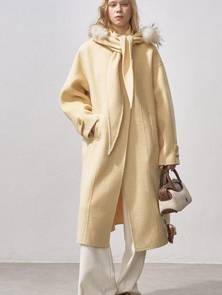 DIDDI MODA Vintage Detachable Fur Collar Hooded Double Faced Mid Length Women&