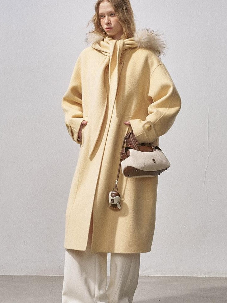 DIDDI MODA Vintage Detachable Fur Collar Hooded Double Faced Mid Length Women&