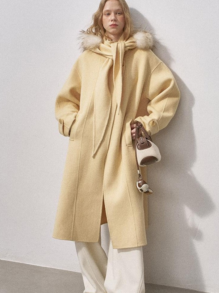 DIDDI MODA Vintage Detachable Fur Collar Hooded Double Faced Mid Length Women&
