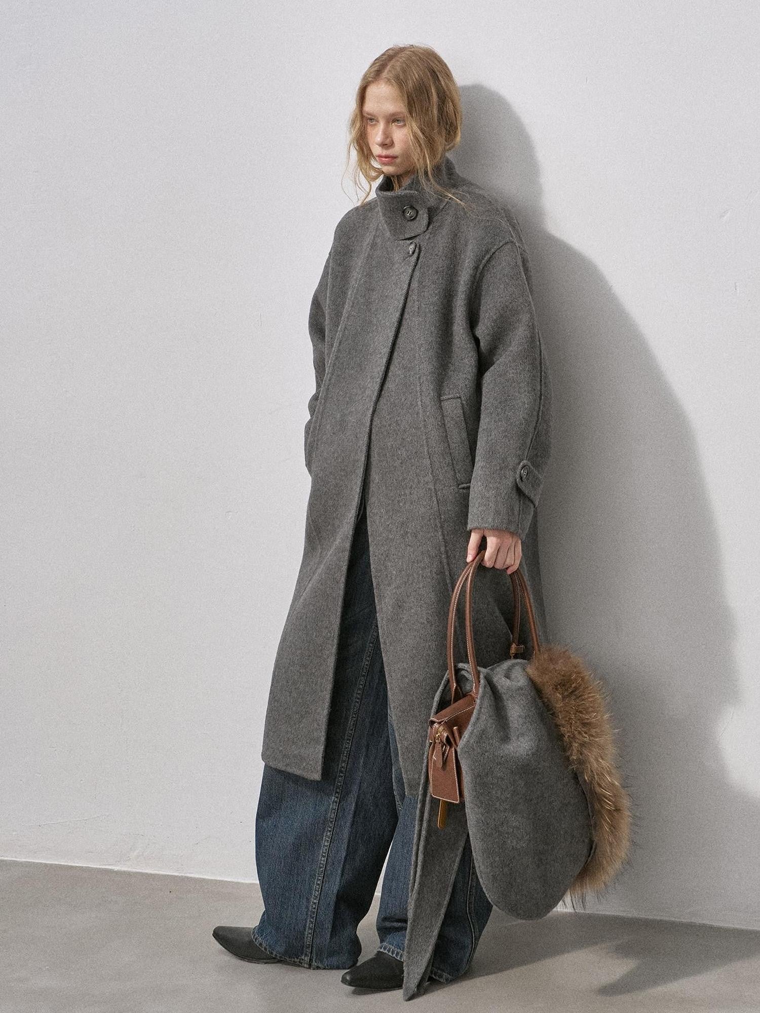 DIDDI MODA Vintage Detachable Fur Collar Hooded Double Faced Mid Length Women&