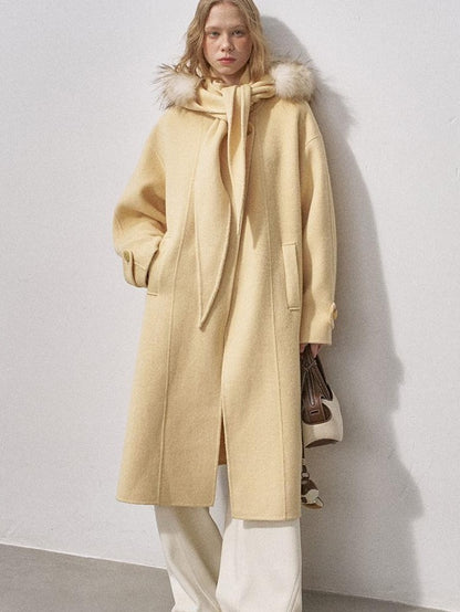 DIDDI MODA Vintage Detachable Fur Collar Hooded Double Faced Mid Length Women&