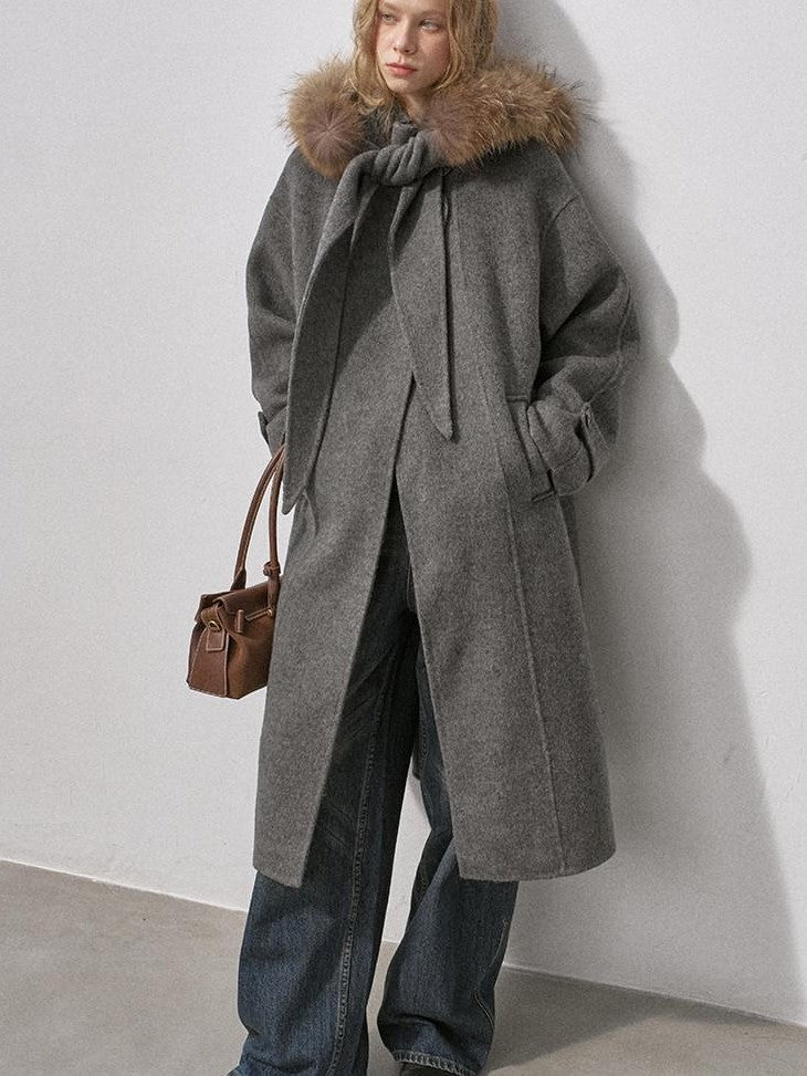DIDDI MODA Vintage Detachable Fur Collar Hooded Double Faced Mid Length Women&