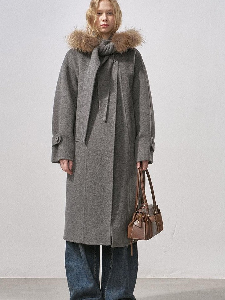 DIDDI MODA Vintage Detachable Fur Collar Hooded Double Faced Mid Length Women&
