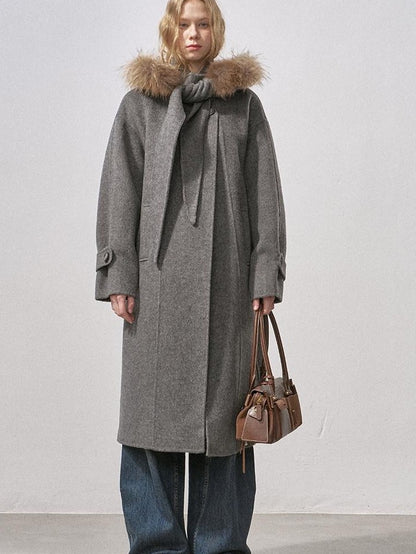 DIDDI MODA Vintage Detachable Fur Collar Hooded Double Faced Mid Length Women&