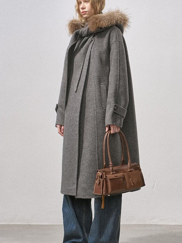 DIDDI MODA Vintage Detachable Fur Collar Hooded Double Faced Mid Length Women&