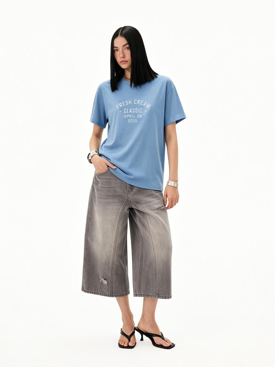 DIDDI MODA Vintage Distressed Slogan Colorblock Women&