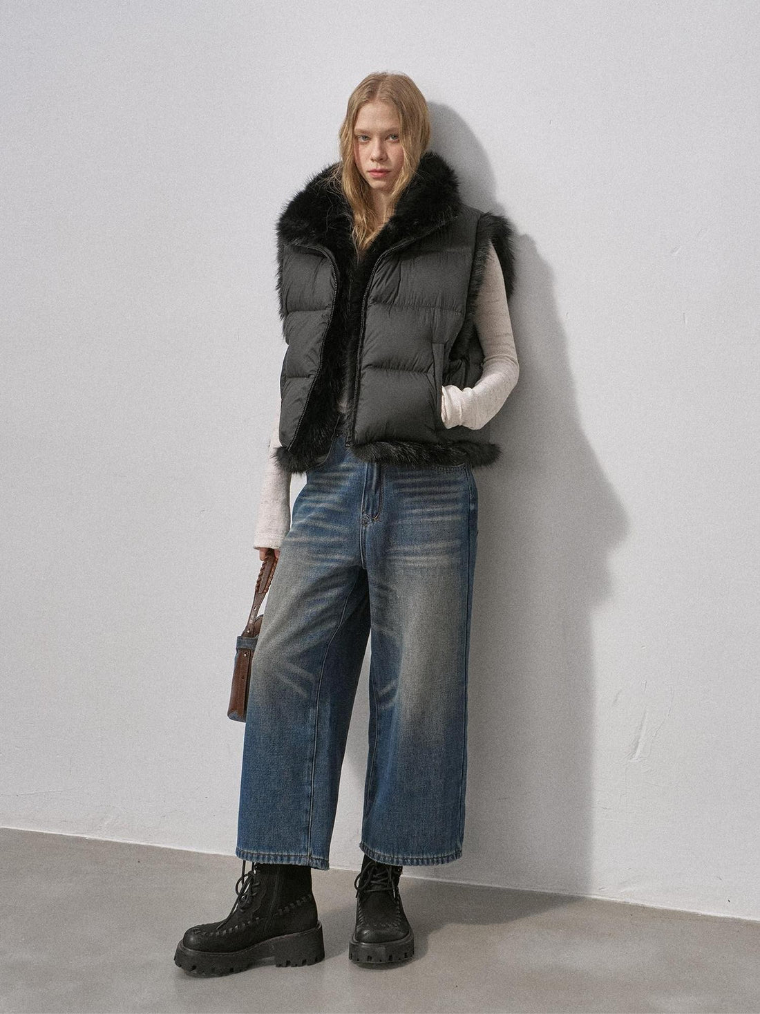 DIDDI MODA Vintage Fleece Lined Distressed Cropped Loose Women&