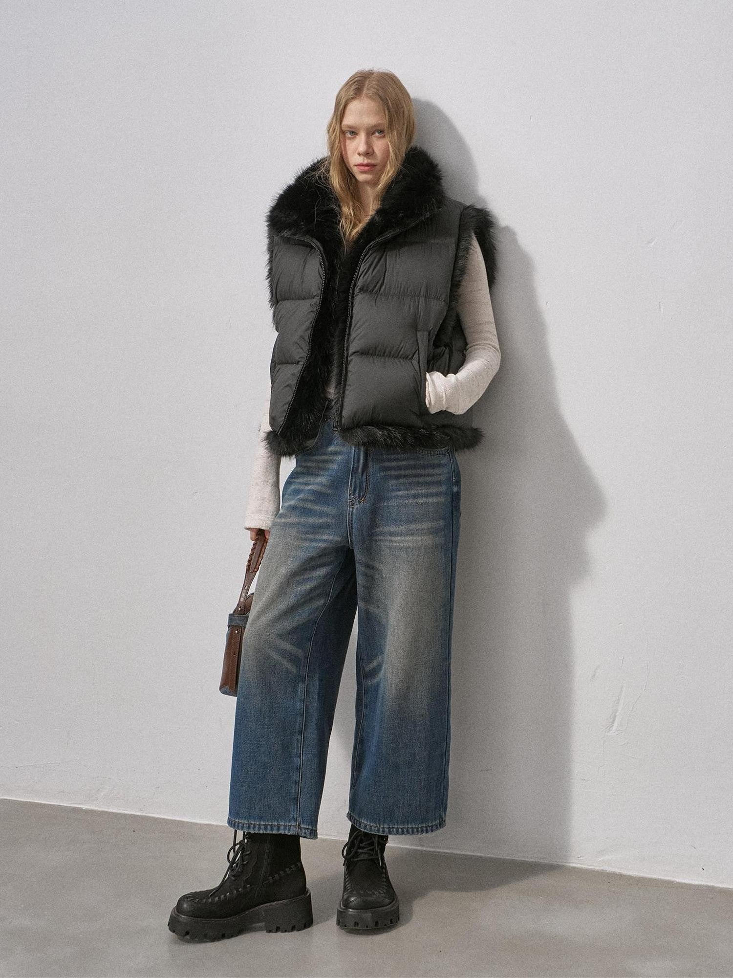 DIDDI MODA Vintage Fleece Lined Distressed Cropped Loose Women&
