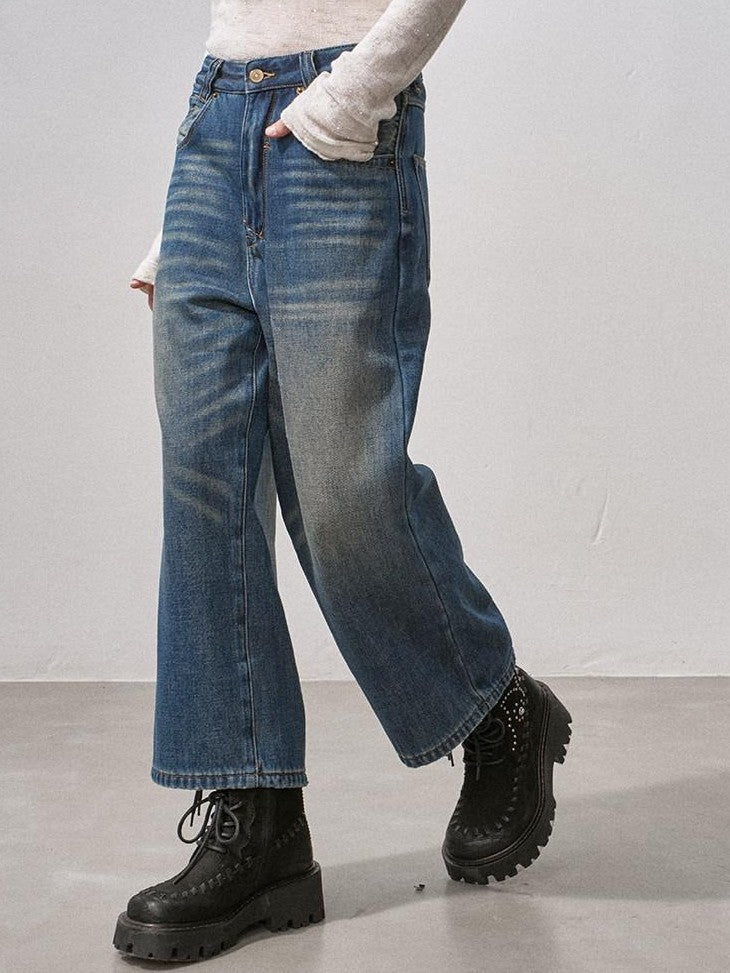 DIDDI MODA Vintage Fleece Lined Distressed Cropped Loose Women&