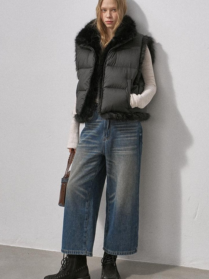 DIDDI MODA Vintage Fleece Lined Distressed Cropped Loose Women&