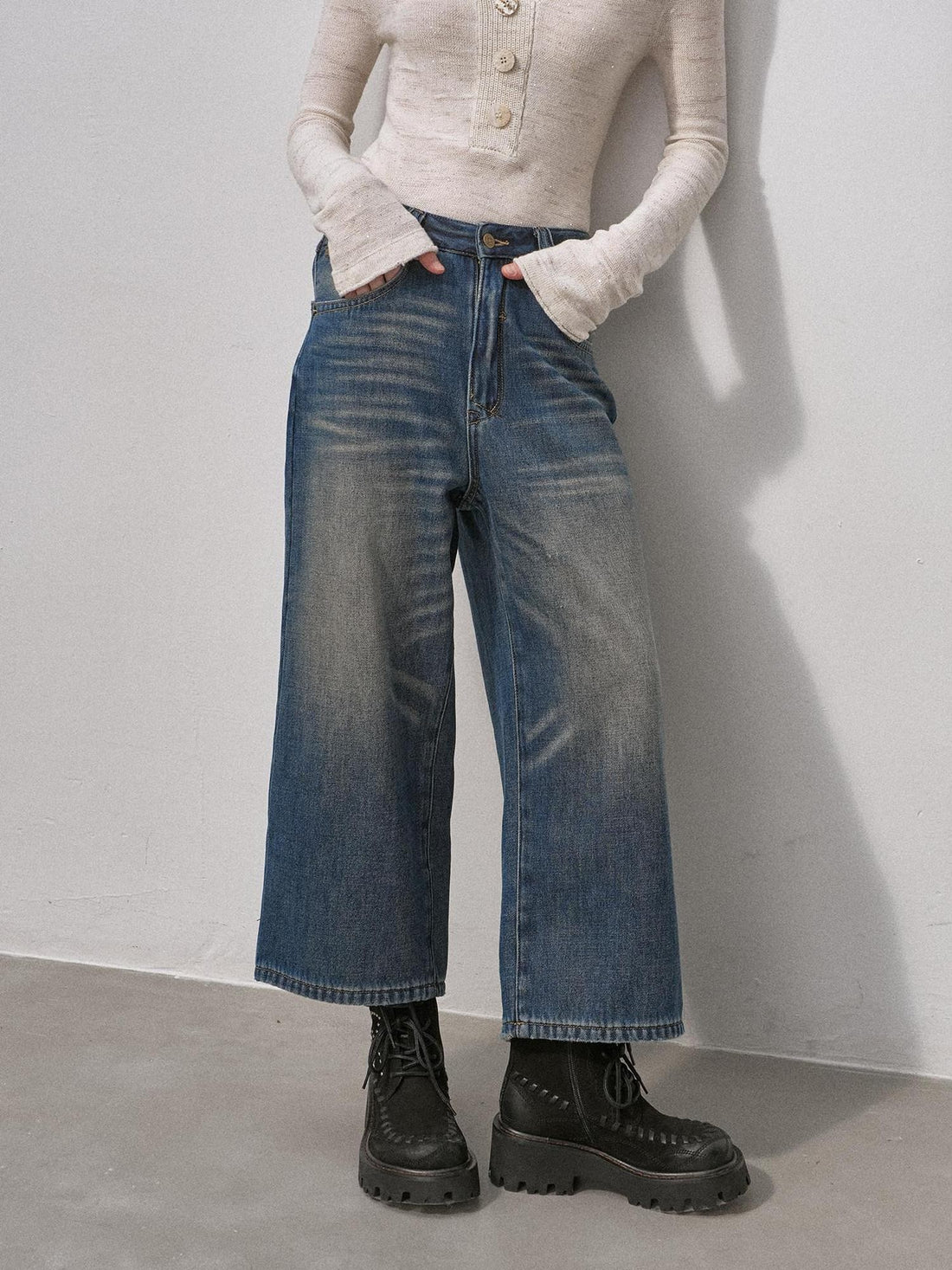 DIDDI MODA Vintage Fleece Lined Distressed Cropped Loose Women&