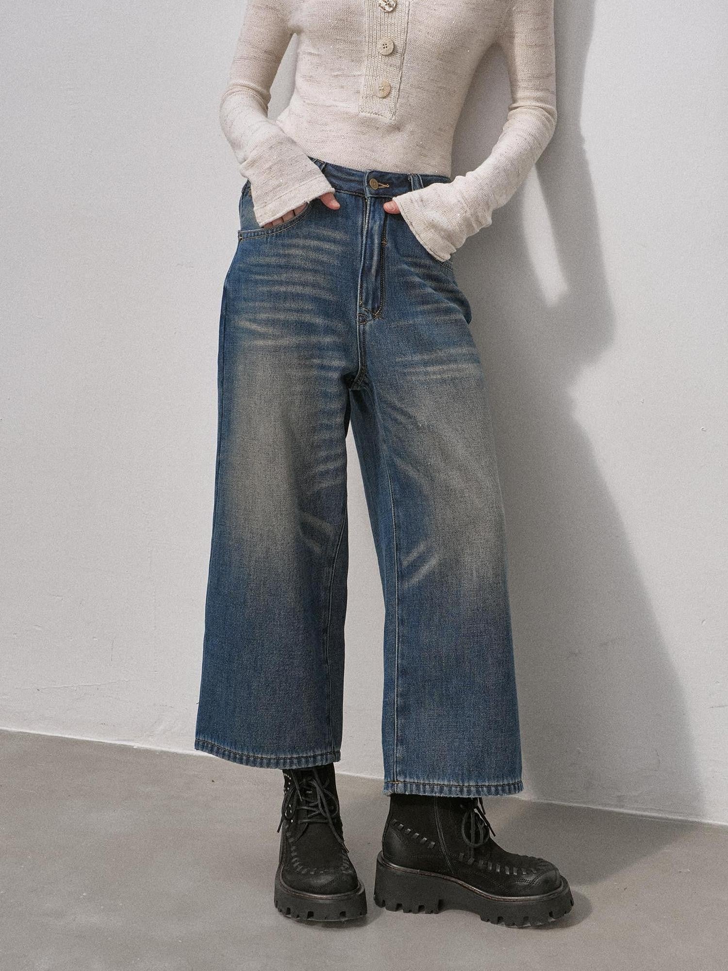 DIDDI MODA Vintage Fleece Lined Distressed Cropped Loose Women&