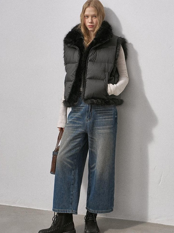DIDDI MODA Vintage Fleece Lined Distressed Cropped Loose Women&