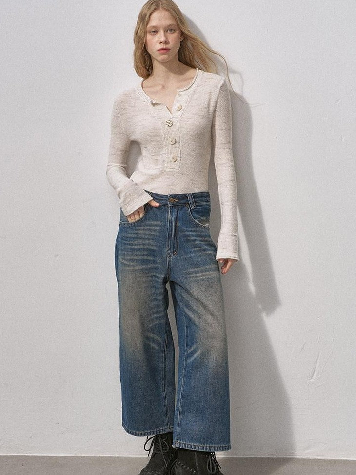 DIDDI MODA Vintage Fleece Lined Distressed Cropped Loose Women&