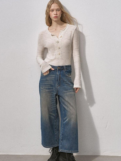 DIDDI MODA Vintage Fleece Lined Distressed Cropped Loose Women&