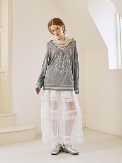 DIDDI MODA Vintage Layered Lace Drawstring V-neck Women&