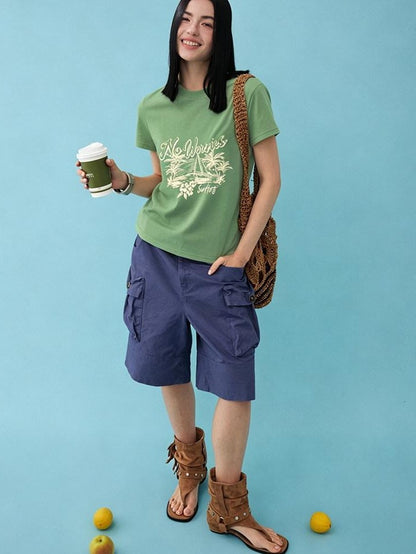 DIDDI MODA Vintage Palm Distressed Printed Crew Neck Women&