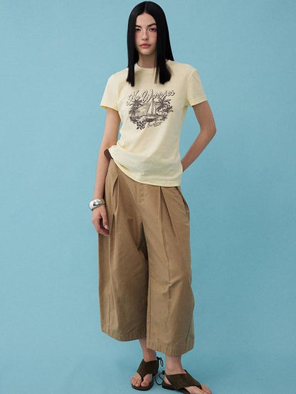 DIDDI MODA Vintage Palm Distressed Printed Crew Neck Women&