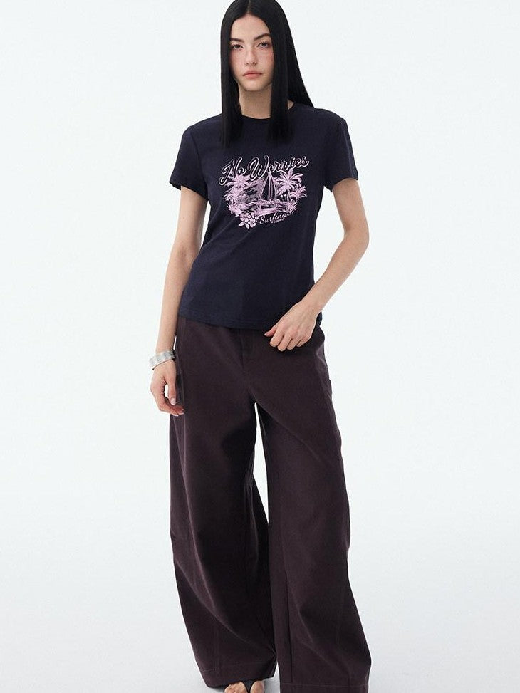 DIDDI MODA Vintage Palm Distressed Printed Crew Neck Women&