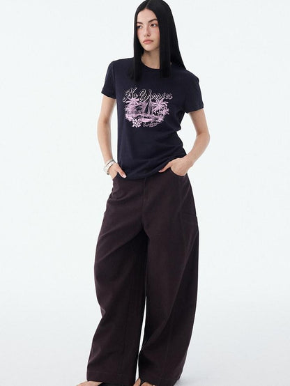 DIDDI MODA Vintage Palm Distressed Printed Crew Neck Women&