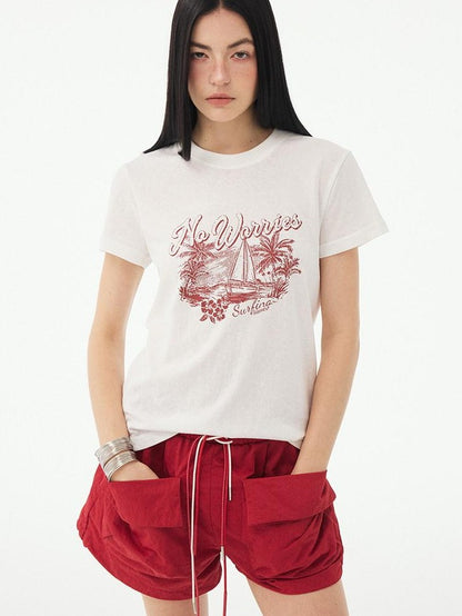 DIDDI MODA Vintage Palm Distressed Printed Crew Neck Women&
