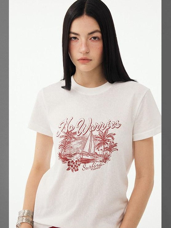 DIDDI MODA Vintage Palm Distressed Printed Crew Neck Women&