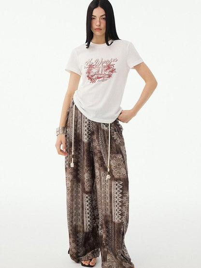 DIDDI MODA Vintage Palm Distressed Printed Crew Neck Women&