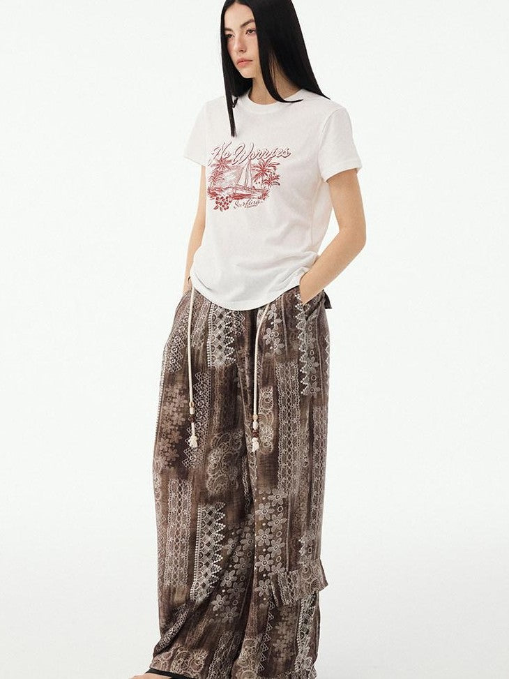 DIDDI MODA Vintage Palm Distressed Printed Crew Neck Women&