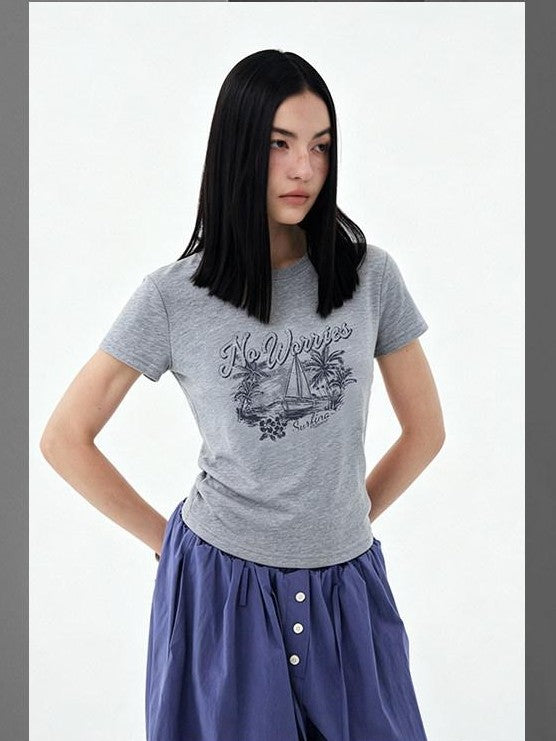 DIDDI MODA Vintage Palm Distressed Printed Crew Neck Women&