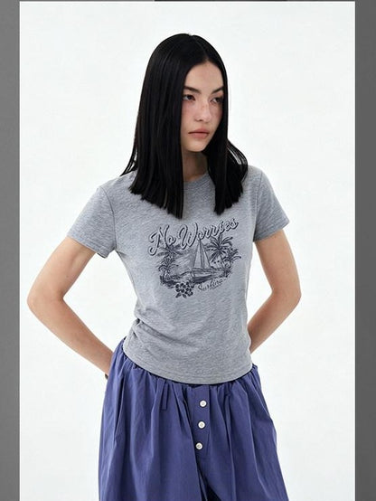 DIDDI MODA Vintage Palm Distressed Printed Crew Neck Women&