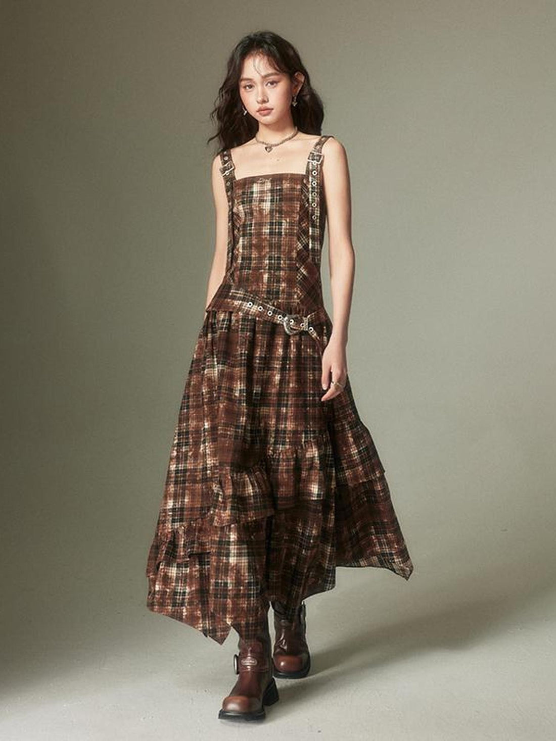 DIDDI MODA Vintage Plaid Adjustable Square Neck High Waist Women&