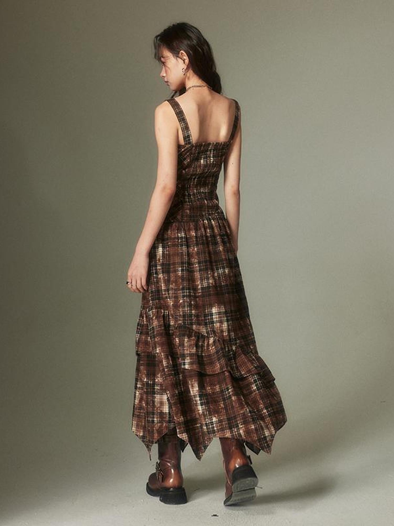 DIDDI MODA Vintage Plaid Adjustable Square Neck High Waist Women&