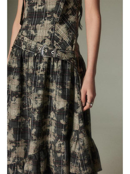 DIDDI MODA Vintage Plaid Adjustable Square Neck High Waist Women&